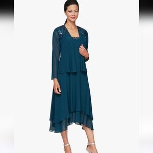 NWT SLNY teal blue two piece formal dress & jacket 12 12p Petite sequins tiered